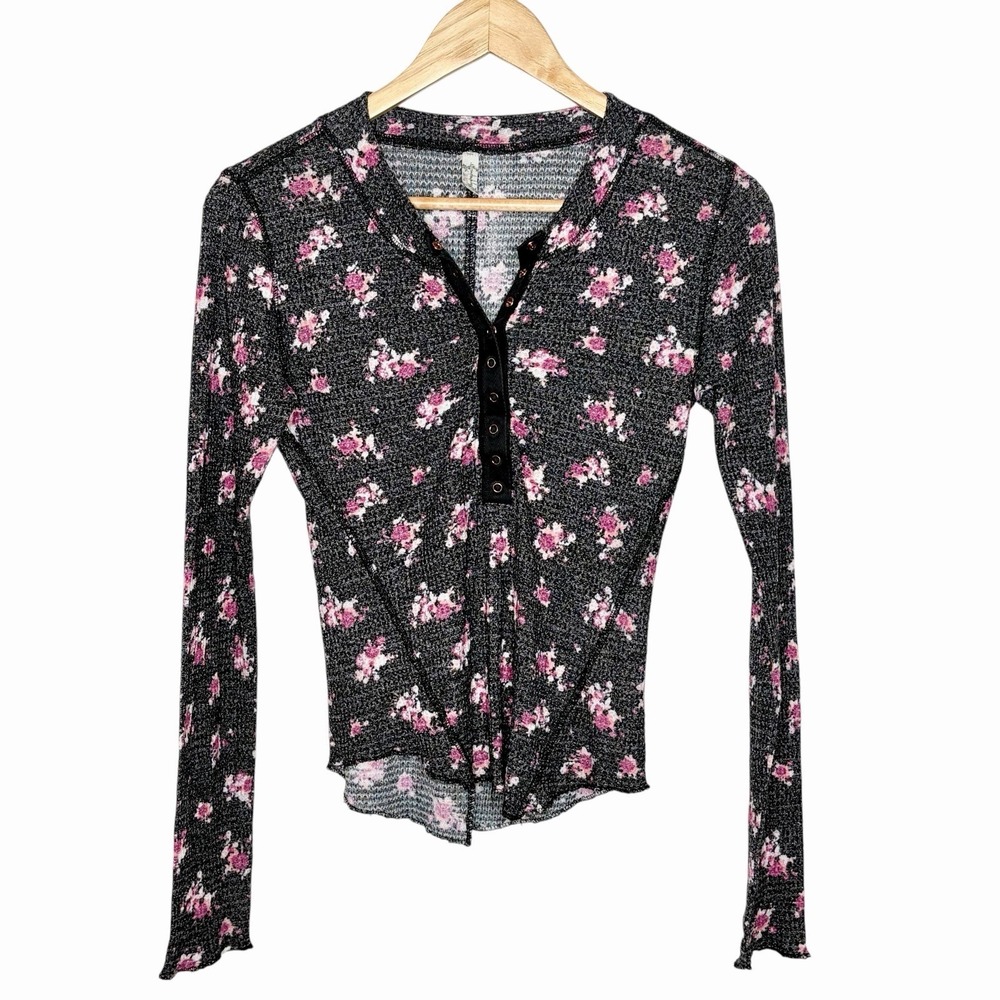 Intimately Free People Floral Thermal Waffle Knit Snap Henley Top Womens M Boho
